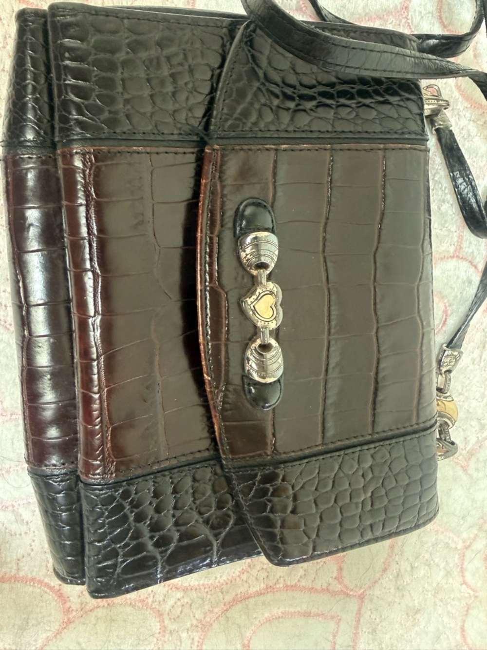 Brighton Two-Tone Croc- Shoulder Bag /Purse-in Dk Brown & Black, 100% Leather